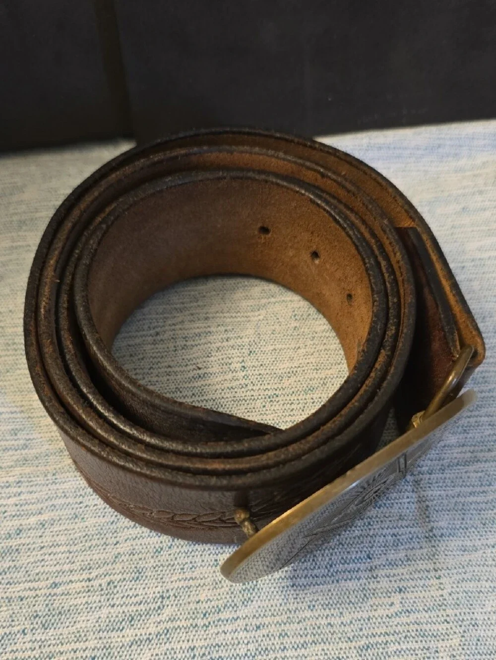 Vintage Brown Leather Belt with Brass Masonic Buckle Sportster